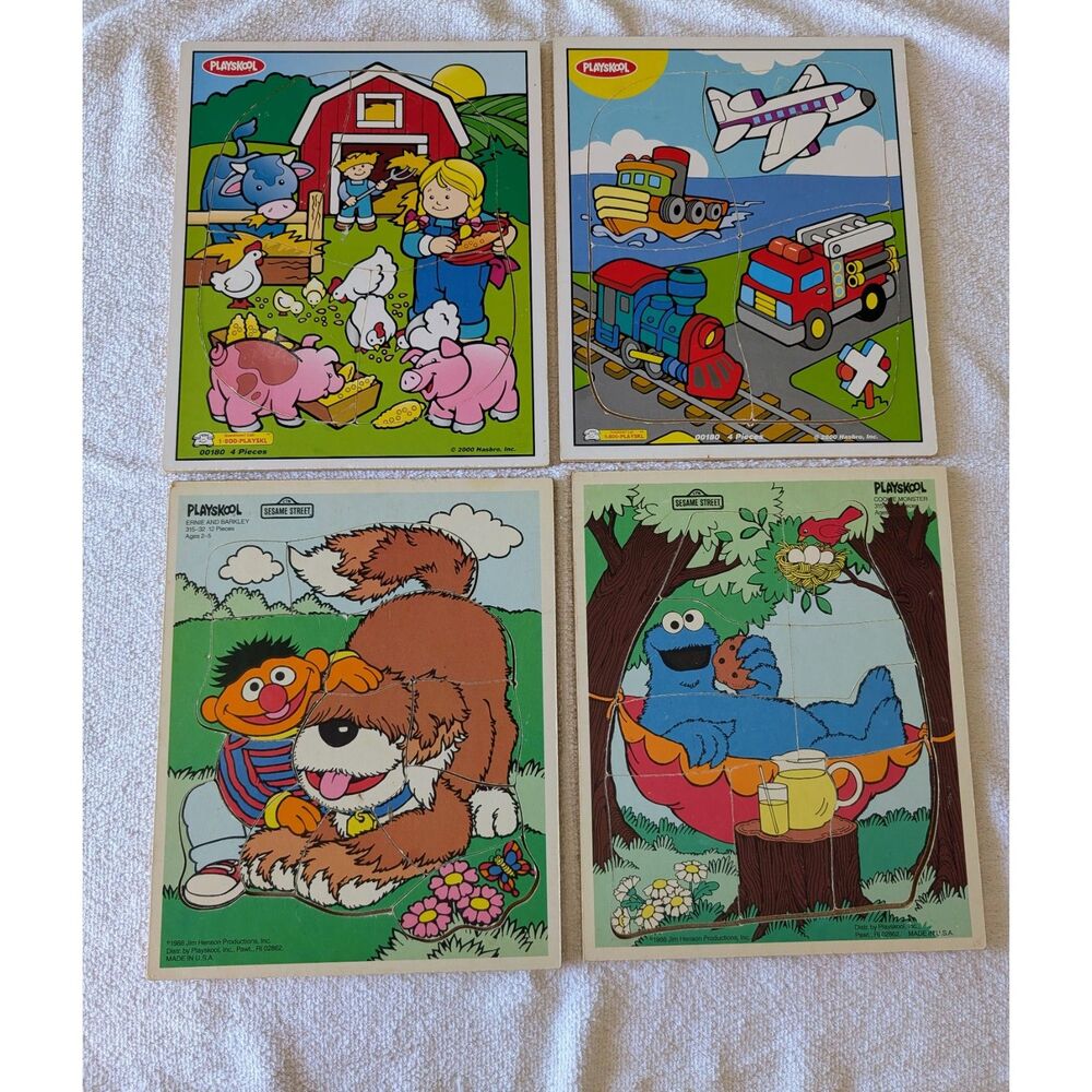 Playskool Wooden Tray Puzzles Lot of 4 Sesame Street, Farm, Vehicles
